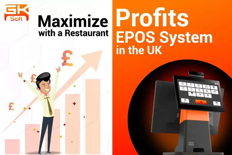 Maximize Profits with a Restaurant EPOS System in the UK - Image showing a restaurant setting with a modern EPOS system on the counter, displaying sales data, staff using the system, and customers dining in the background.